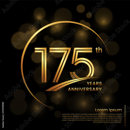 175th Anniversary logo design with double line numbers. Golden number and ring for anniversary celebration event, invitation, poster, banner, flyer, web template. Logo Vector Template