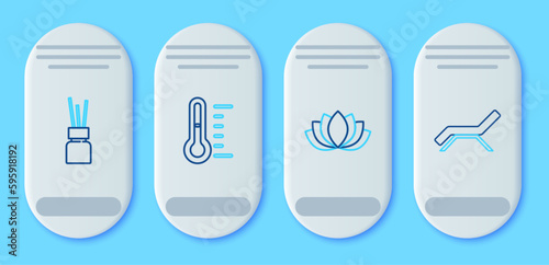 Set line Sauna thermometer, Lotus flower, Aroma diffuser and Sunbed and umbrella icon. Vector