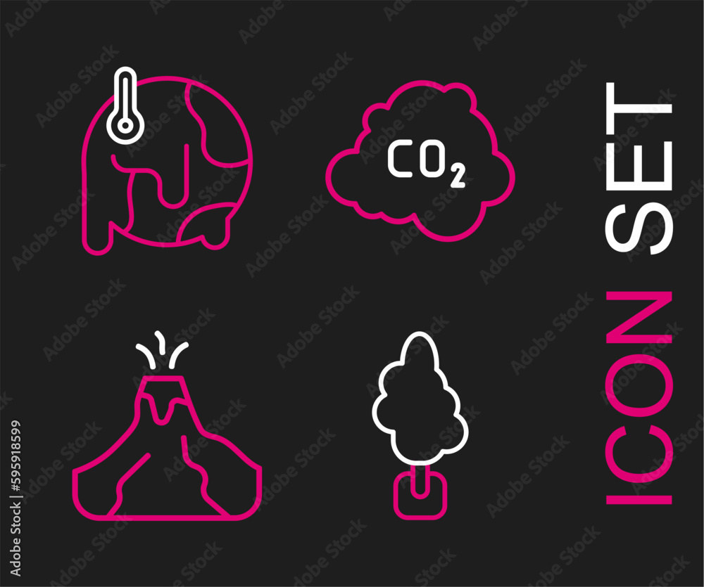 Fototapeta premium Set line Tree, Volcano eruption with lava, CO2 emissions in cloud and Global warming icon. Vector