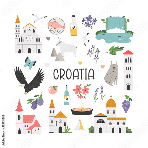 Colorful design with famous landmarks, symbols of Croatia