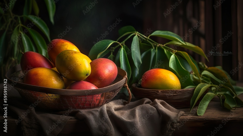 Mangos in a basket with leaves, Fresh, Juciy, Summer, Healthy, Farming, Harvesting, Environment, Perfessional and  award-winning photograph, Close-up - Generative AI