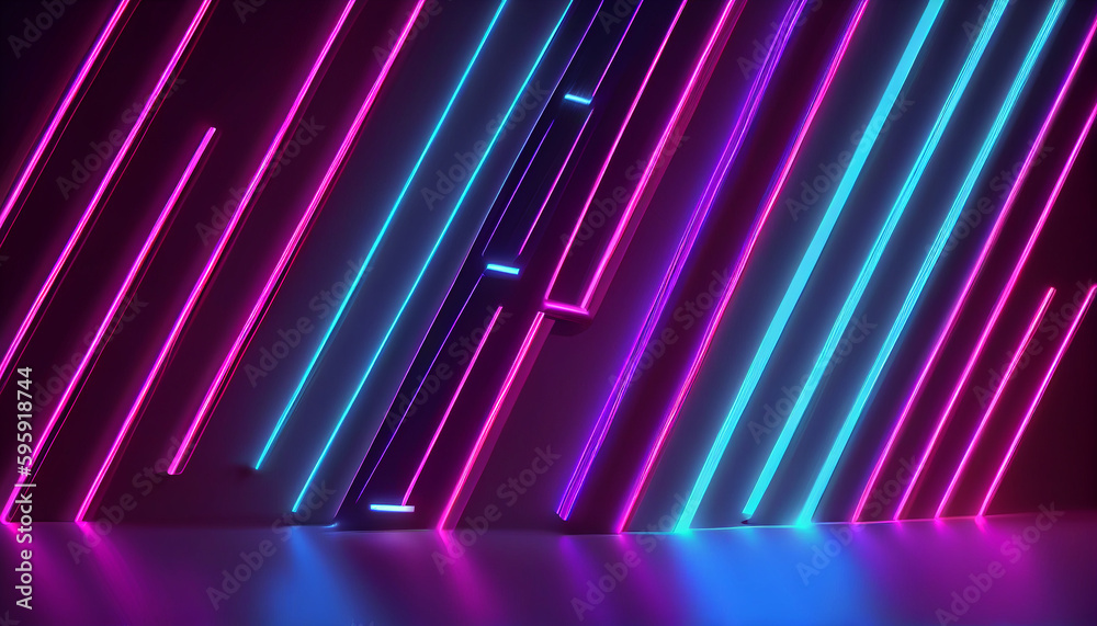 Fototapeta premium Abstract Geometric Background with Pink and Blue Neon Lines Glowing in the Dark (Generative AI)