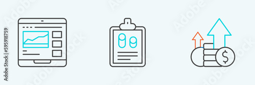 Set line Financial growth and coin, Trading courses and Business finance report icon. Vector
