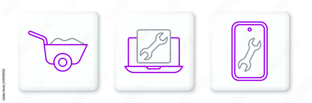 Set line Mobile service, Wheelbarrow and Laptop icon. Vector Set line Mobile service, Wheelbarrow and Laptop icon. Vector