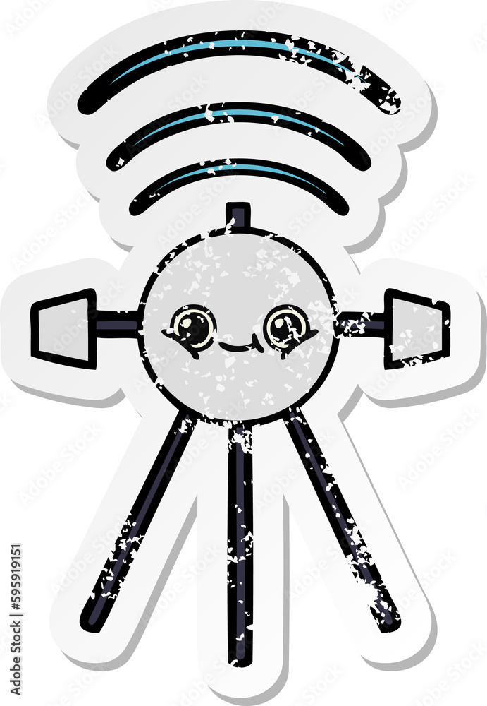 distressed sticker of a cute cartoon satellite distressed sticker of a cute cartoon satellite