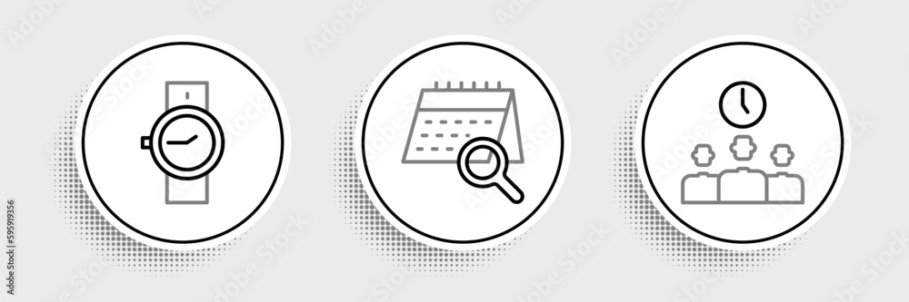 Set line Time Management, Wrist watch and Calendar search icon. Vector Set line Time Management, Wrist watch and Calendar search icon. Vector