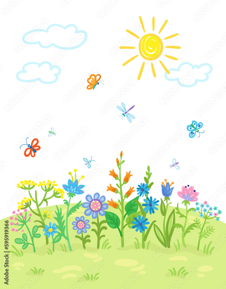 Children's drawing. Beautiful flowers in the meadow. Summer landscape with field, grass, sun and clouds. In cartoon style. Isolated on white background. Vector flat illustration