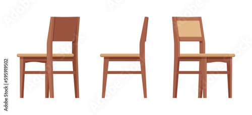 Dining side chairs, natural wood brown set. Kitchen space bistro room, classic design. Vector flat style cartoon home, office furniture articles isolated on white background front, side, rear view