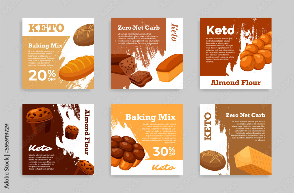 Keto bread baking mix sale discount advertising poster set vector illustration. Dietary healthy food