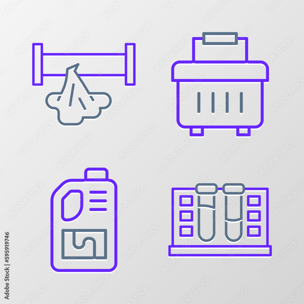 Set line Test tube with water drop, Drain cleaner bottle, Toolbox and Broken pipe icon. Vector Set line Test tube with water drop, Drain cleaner bottle, Toolbox and Broken pipe icon. Vector