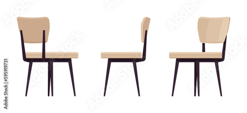 Chairs interior beige set for dining, kitchen, living, guest room. Reading, desk seat. Vector flat style cartoon home, office furniture articles isolated, white background front, side, rear view