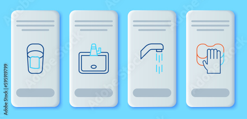 Set line Washbasin, Shower head, Bucket with rag and Cleaning service icon. Vector