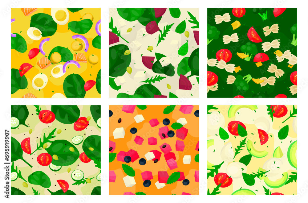 Salad fruit and vegetables healthy flying vegan food seamless pattern set isometric vector