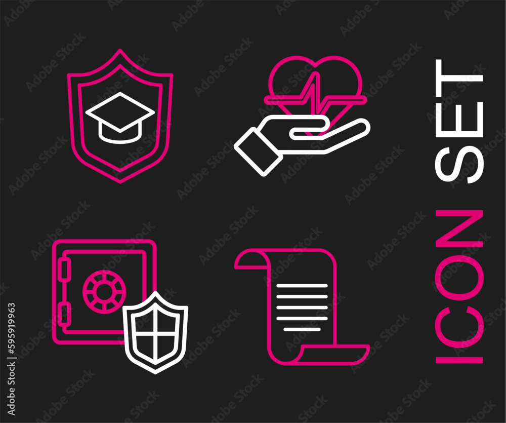 Set line Document with shield, Safe, Life insurance in hand and Graduation cap icon. Vector Set line Document with shield, Safe, Life insurance in hand and Graduation cap icon. Vector