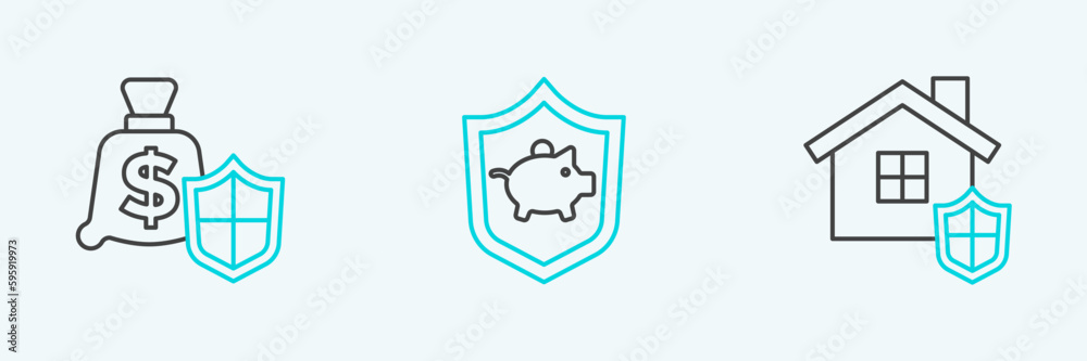 Set line House with shield, Money and Piggy bank icon. Vector