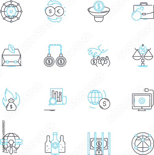 Government deceit linear icons set. Corruption, Deception, Manipulation, Lies, Cover-up, Fraud, Scandal line vector and concept signs. Betrayal,Misrepresentation,Double-cross outline illustrations photo