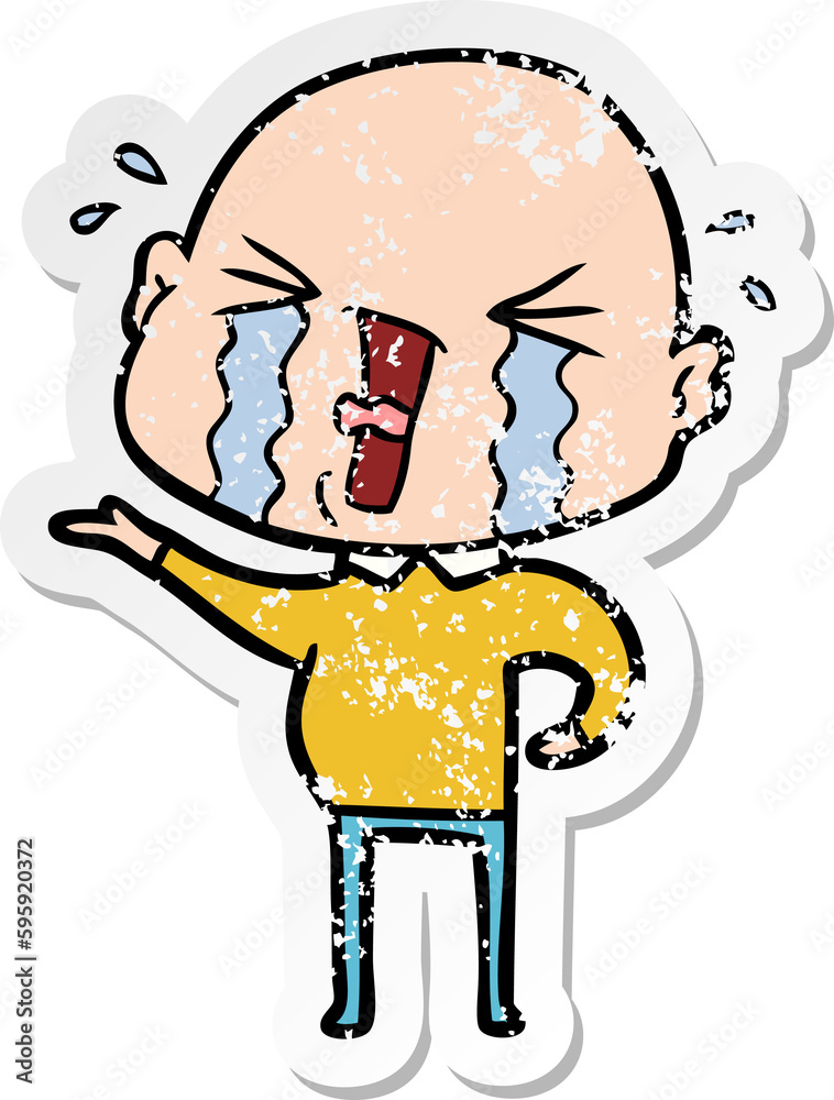 distressed sticker of a cartoon crying bald man