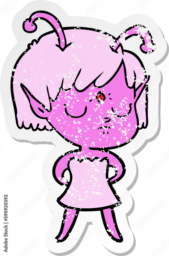 distressed sticker of a cartoon alien girl distressed sticker of a cartoon alien girl