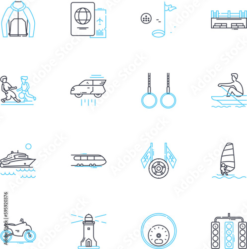 Radical outings linear icons set. Adventure, Rebellious, Explore, Maverick, Thrilling, Risk, Outrageous line vector and concept signs. Unconventional,Fearless,Wild outline illustrations
