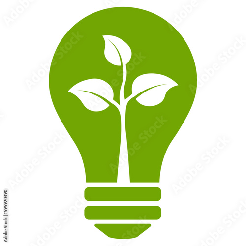 Light bulb, green color eco friendly energy icon with leaf. Sustainable, renewable, logo concept of green energy and environmental friendly sources graphic, isolated on white background.