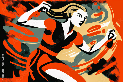 Woman practicing martial arts in a mixture of realism and abstract, with shades of red and black. Shows the strength and determination of female athletes. Generative AI
