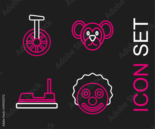 Set line Clown head, Bumper car, Monkey and Unicycle or one wheel bicycle icon. Vector