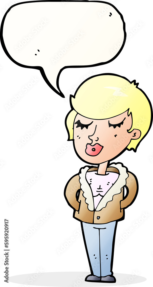cartoon cool relaxed woman with speech bubble