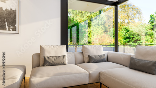 Large luxury modern bright interiors Living room mockup illustration 3D rendering computer digitally generated image © 3DarcaStudio