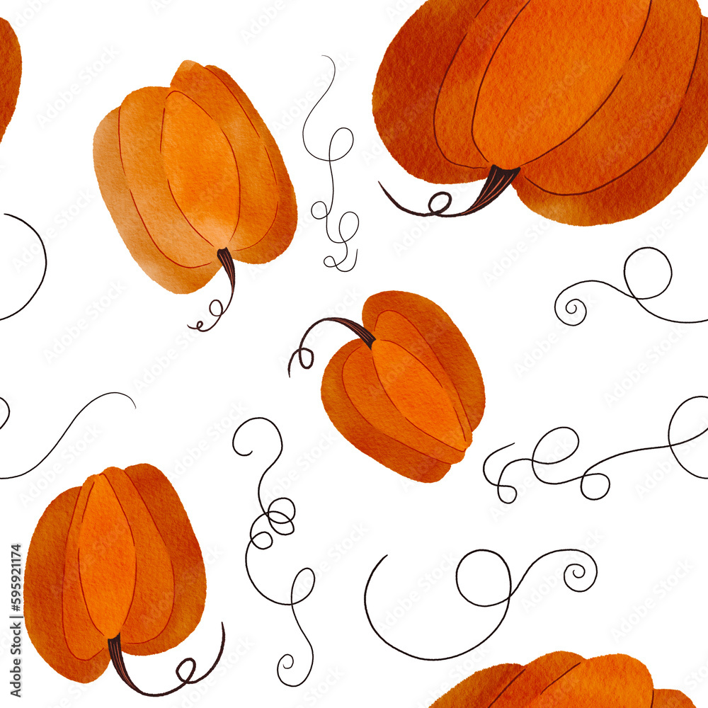 Watercolor bright pumpkin seamless pattern. Autumn pumpkin ornament with branch isolated on transparent background. Botanical illustration for design and fabric, Halloween