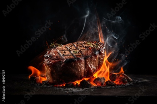 Landscape view of beef steak grilling with flames on dark background. Generative AI