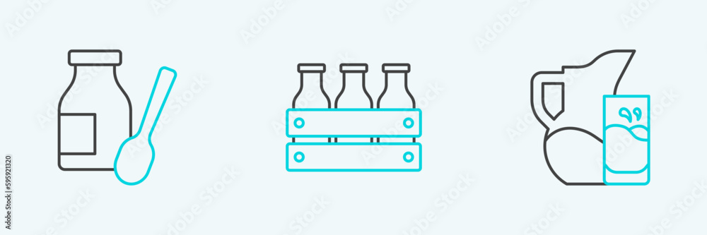 Set line Milk jug or pitcher and glass, Drinking yogurt in bottle and Bottled milk wooden box icon. Vector Set line Milk jug or pitcher and glass, Drinking yogurt in bottle and Bottled milk wooden box icon. Vector