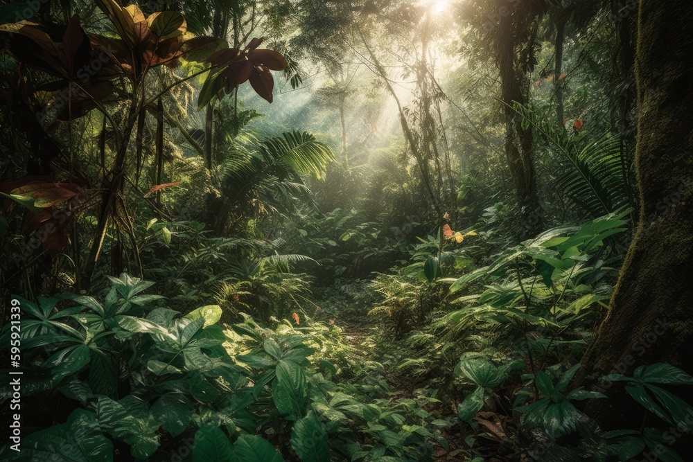 Lush tropical rainforest, with massive leaves, twisting vines and exotic flowers abloom while sunlight filters through the canopy. Generative AI