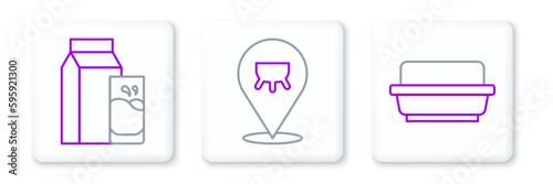 Set line Butter in a butter dish, Paper package for kefir and Udder icon. Vector
