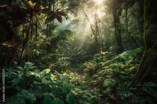 Lush tropical rainforest  with massive leaves  twisting vines and exotic flowers abloom while sunlight filters through the canopy. Generative AI