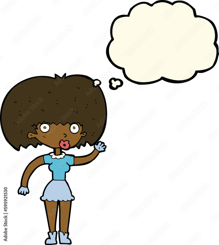 cartoon woman waving with thought bubble cartoon woman waving with thought bubble