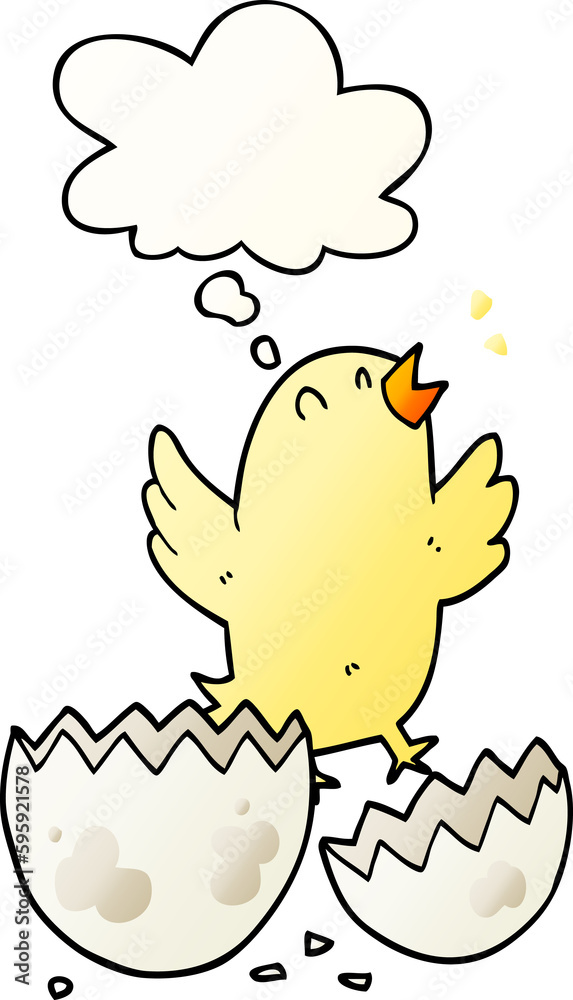 cartoon bird hatching from egg with thought bubble in smooth gradient style cartoon bird hatching from egg with thought bubble in smooth gradient style