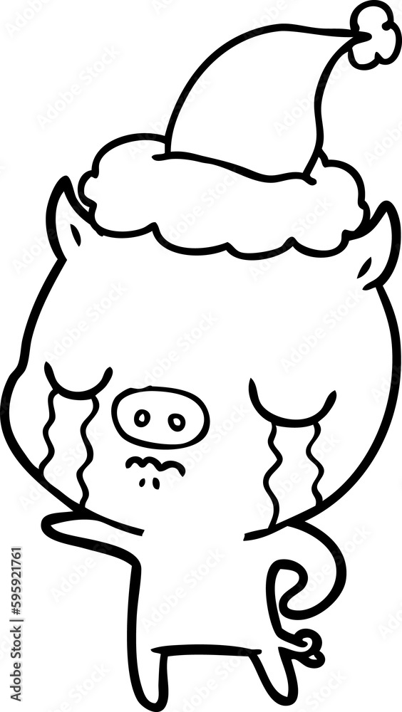 hand drawn line drawing of a pig crying wearing santa hat hand drawn line drawing of a pig crying wearing santa hat