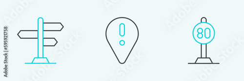 Set line Speed limit traffic, Road sign and Location with exclamation mark icon. Vector