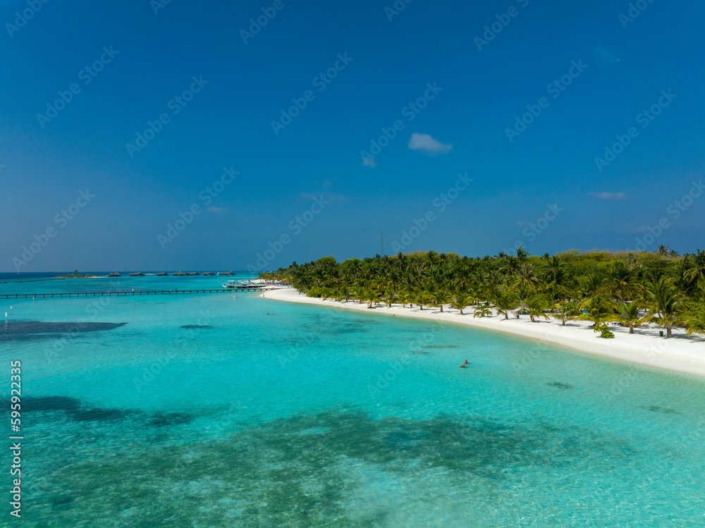 Aerial View, Maldives, North Malé Atoll, Indian Ocean, Lankanfushi, Paradise Island with Water Bungalows