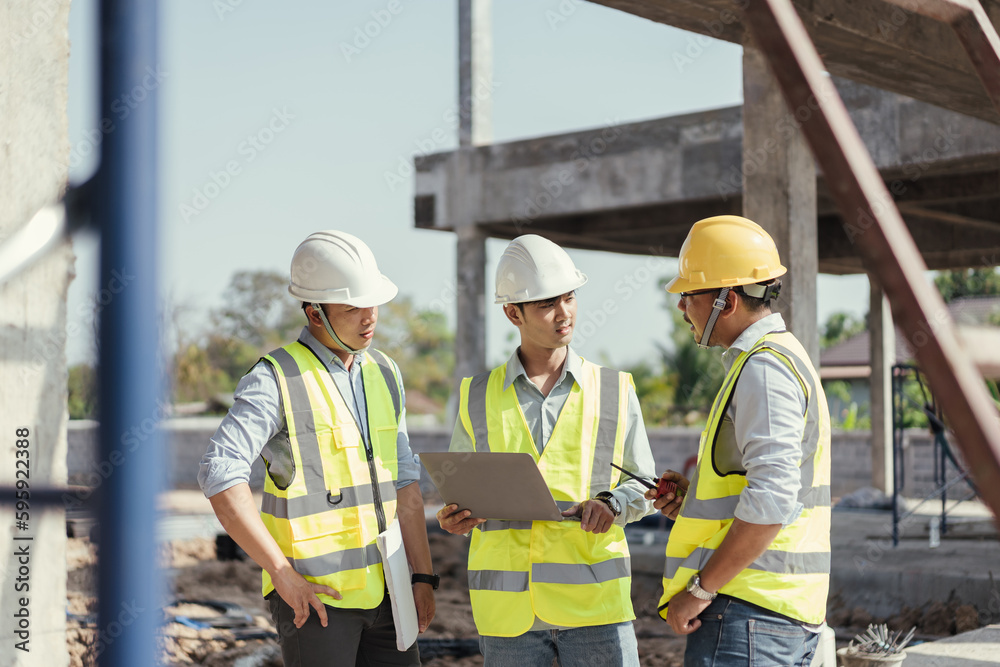 Civil engineer use computer labtop and discussing plan details in construction site. Building project with Civil Engineer,. Civil engineer use computer labtop and discussing plan details in construction site. Building project with Civil Engineer,.