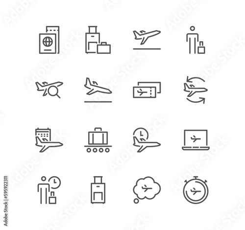 Set of airport related icons, departure, tickets, baggage claim and linear variety vectors.