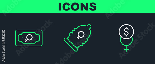 Set line Feminism finance, Money growth woman and Condom icon. Vector