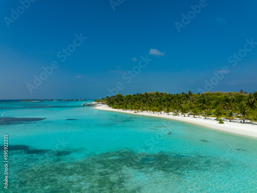 Fototapeta Naklejka Na Ścianę i Meble -  Aerial View, Maldives, North Malé Atoll, Indian Ocean, Lankanfushi, Paradise Island with Water Bungalows