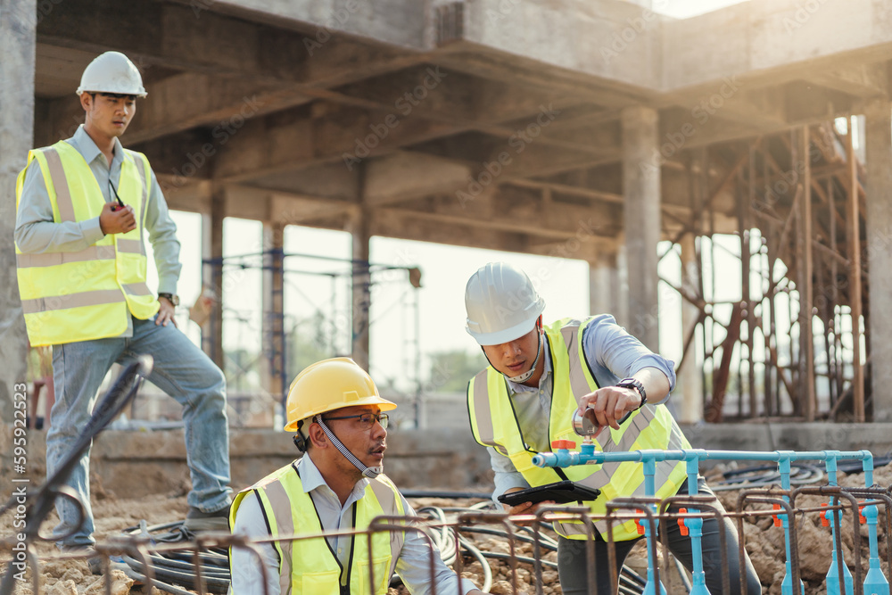 Teamwork engineer checking pressure gauge with pneumatic test leaking