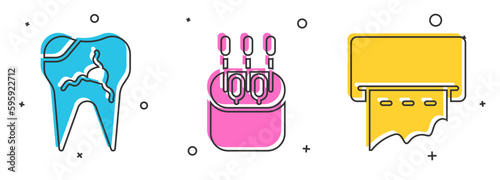 Set Broken tooth, Cotton swab for ears and Paper towel dispenser on wall icon. Vector