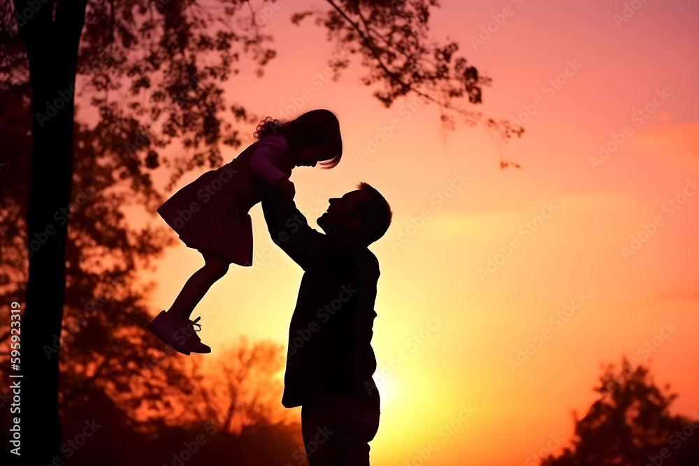 Happy fathers day greeting card illustration of silhouette dad and daughter in nature, bright colors background. Holiday family concept with copy space. Ai generated.