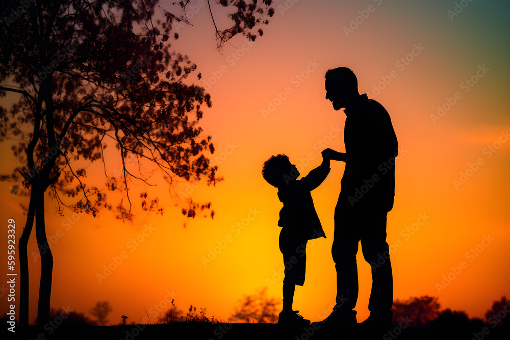 Happy fathers day greeting card illustration of silhouette dad and son in nature, bright colors background. Holiday family concept with copy space. Ai generated.