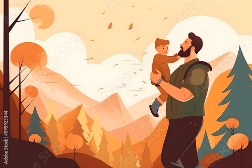 Fathers Day flat illustration with a young dad playing with her child against the background of nature, warm colors, bright background. Holiday family concept. Ai generated.