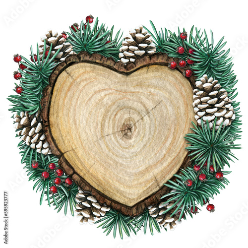 watercolor hand drawn wooden heart slice with elves, pinecones and pine branches