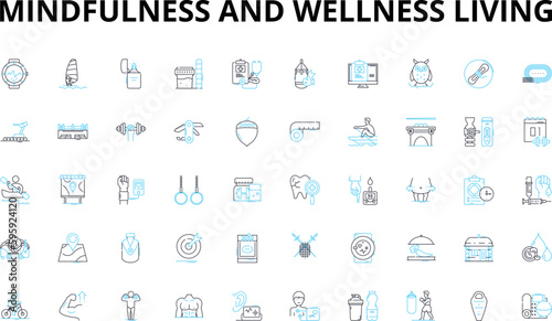 Mindfulness and wellness living linear icons set. Presence, Clarity, Tranquility, Serenity, Stillness, Calmness, Balance vector symbols and line concept signs. Harmony,Relaxation,Grounding
